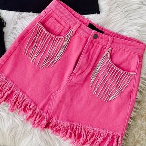 Rhinestone fringe pink denim skirt. I have 2 S and 1 M available.